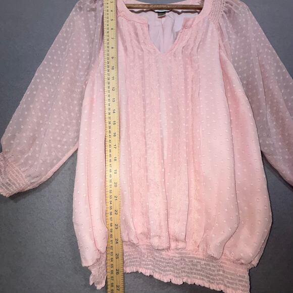 Christopher & Banks Pink Blouse L Sheer Dot Sleeve VNeck Romantic Soft Feminine - Picture 5 of 6